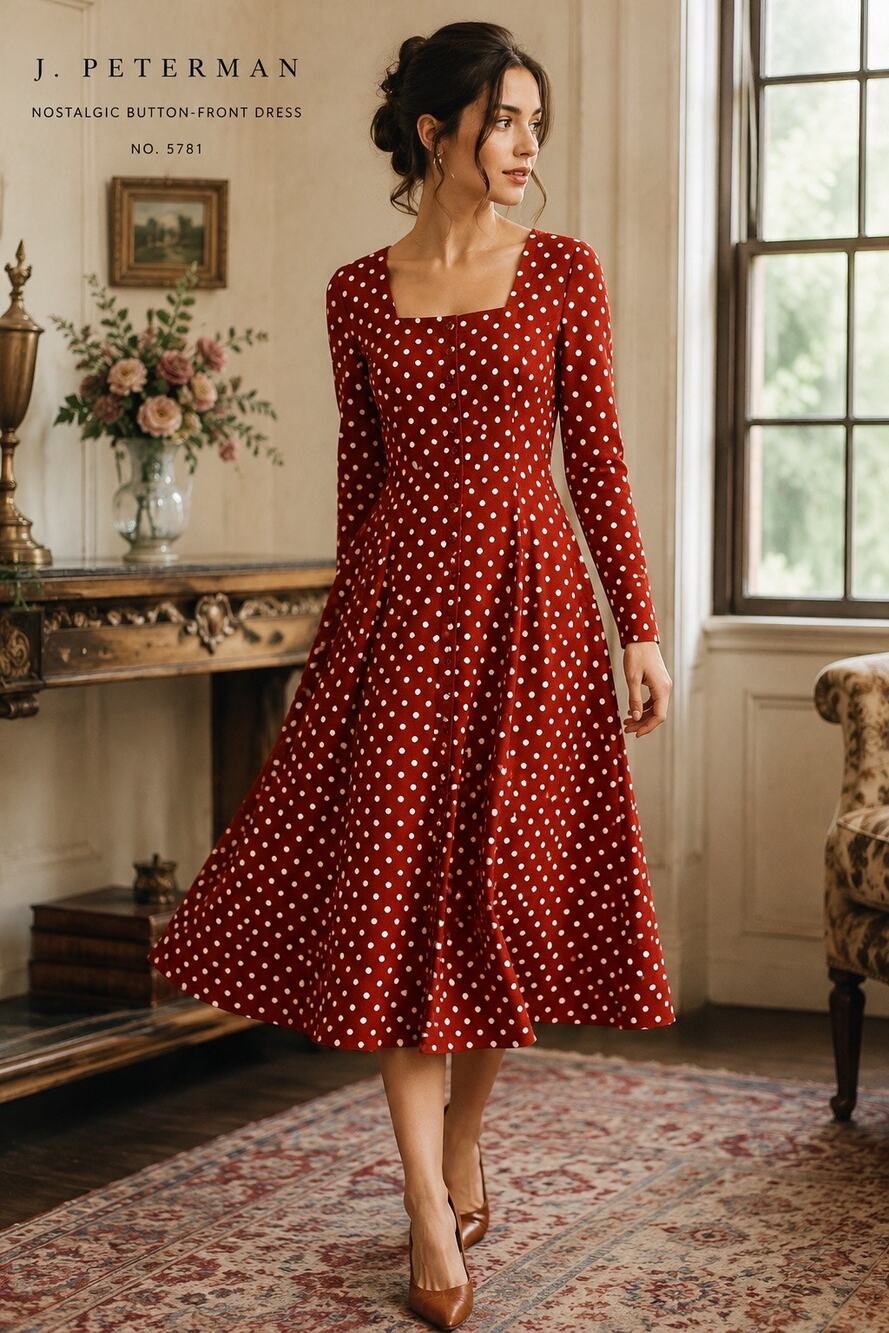 J. Peterman Button Front Dress 14 Red Polka Dot Cotton Midi Retro Pinup Cottage